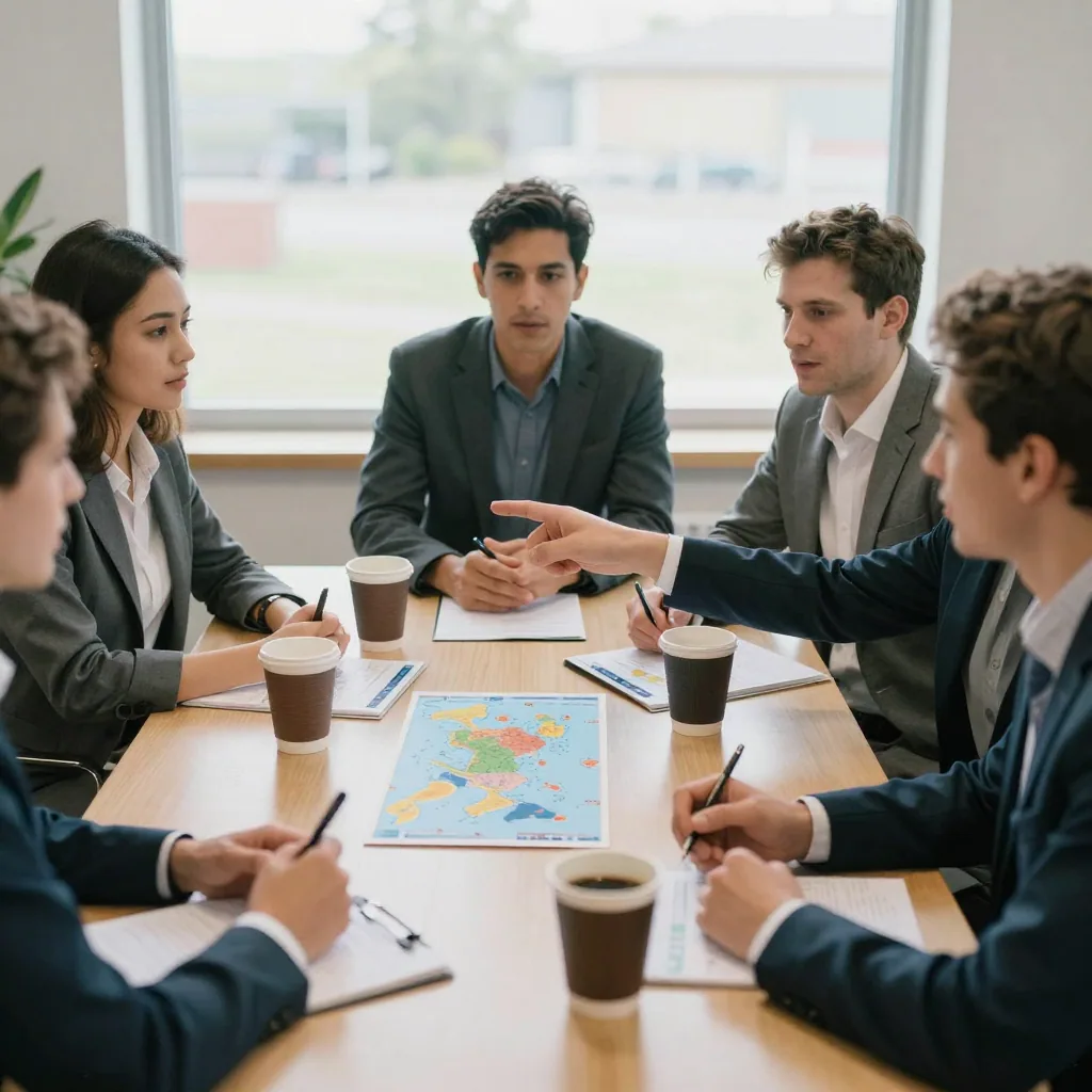 A marketing team of four gathered around a conference table with world-map coasters and coffee cups, one person pointing