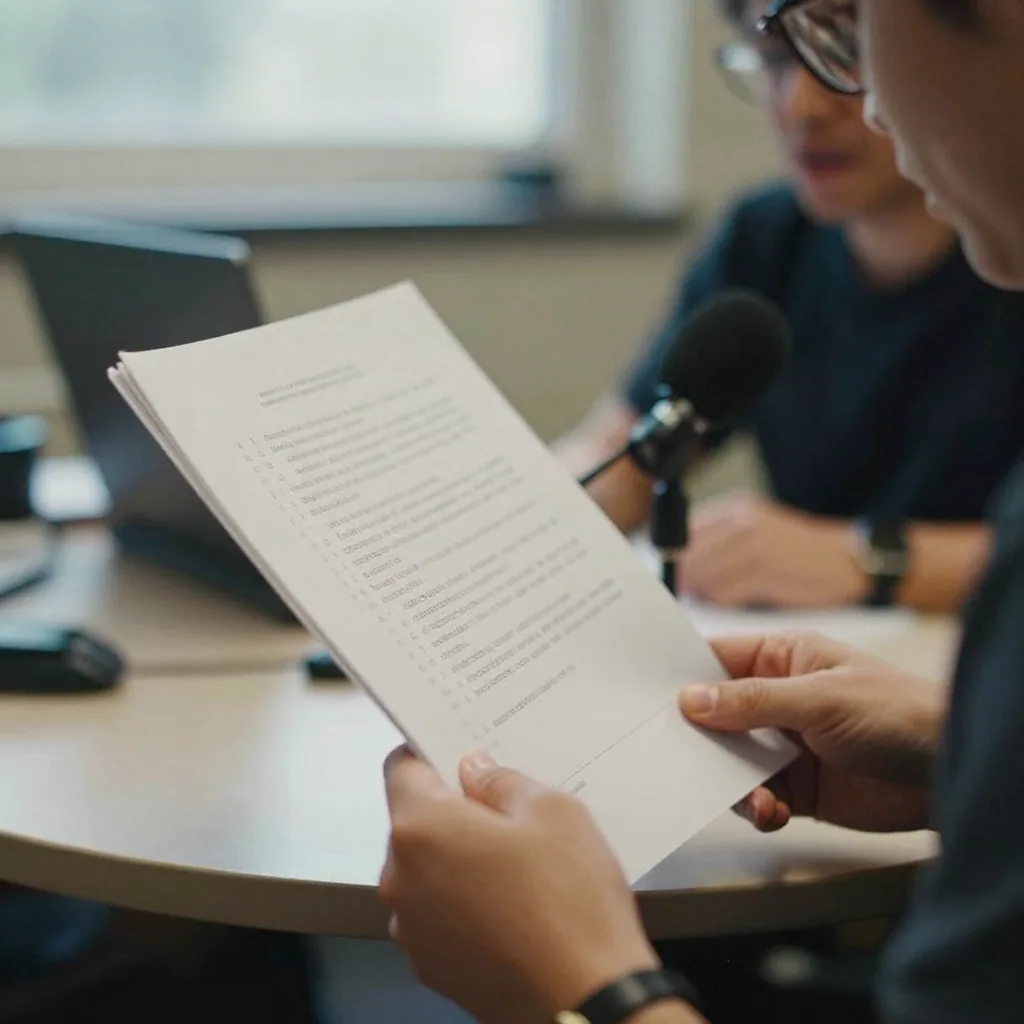 Close-up of a translator's hands holding a printed script upside-down out of frame while a colleague speaks into a micro