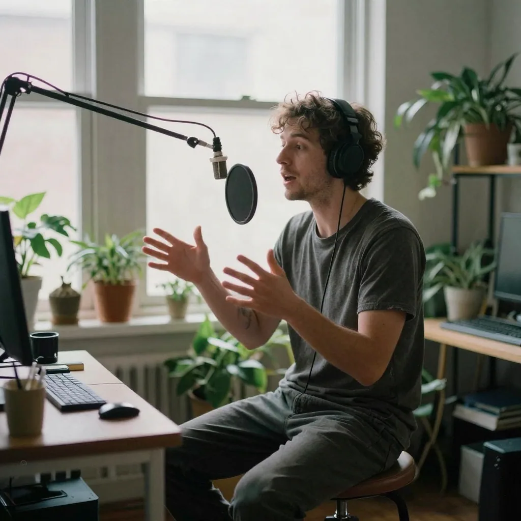 A creator recording a language voiceover on a stool in a plant-filled home office, expressive open-hand gesture mid-sent