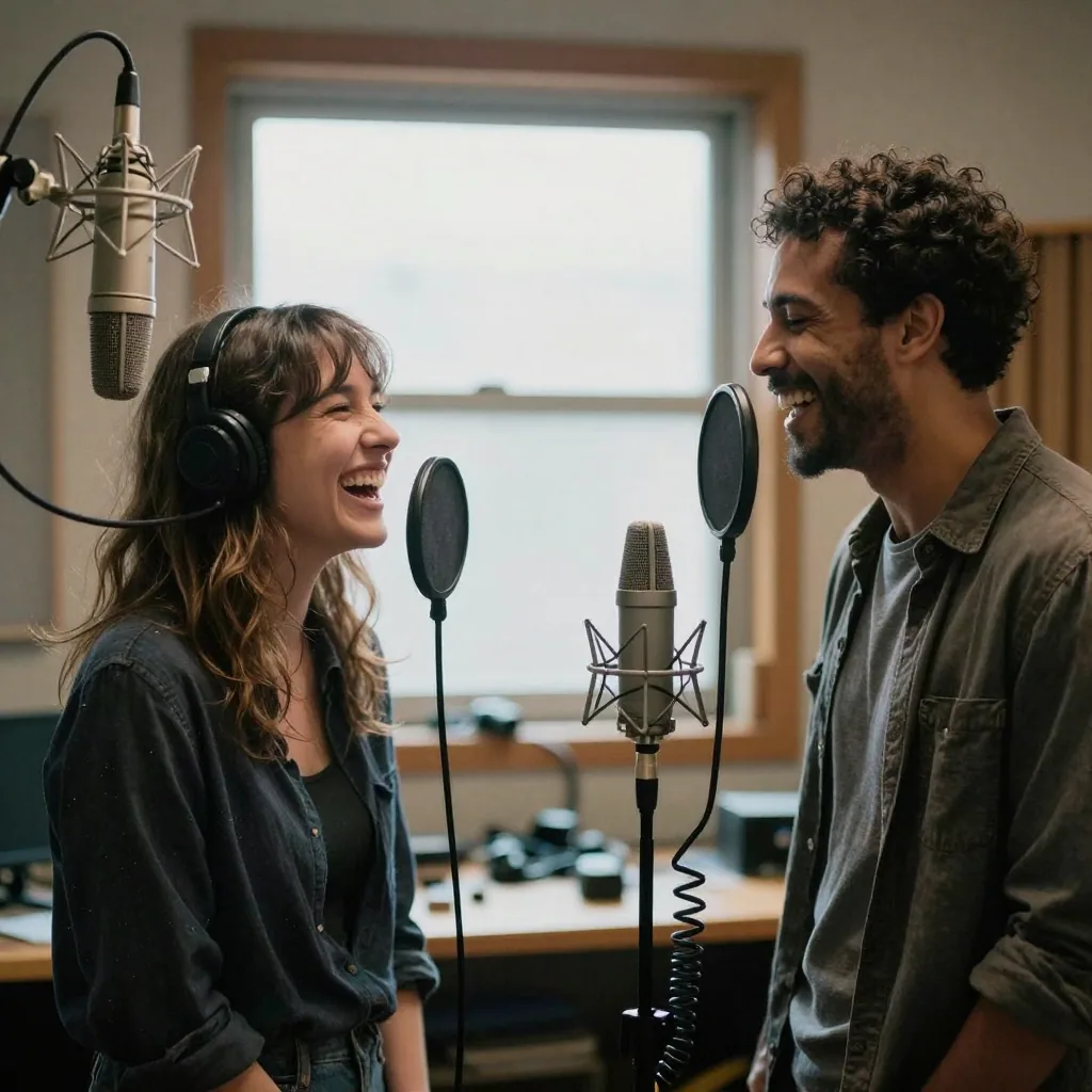 Two voice performers of different backgrounds standing at adjacent microphones in a warm studio, mid-laugh between takes