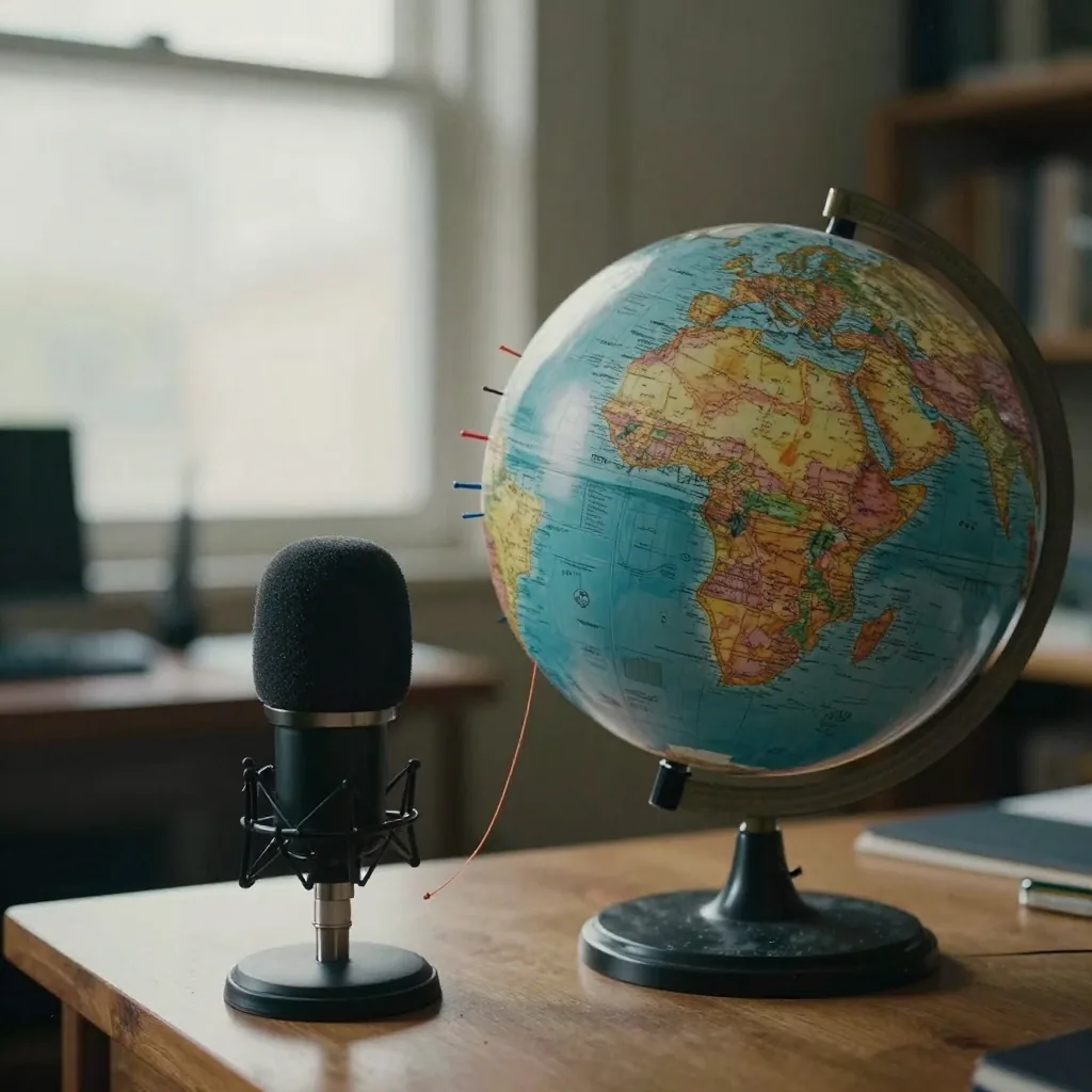 A globe on a wooden desk beside a foam-covered microphone in a softly lit studio, colored string trailing between pins o