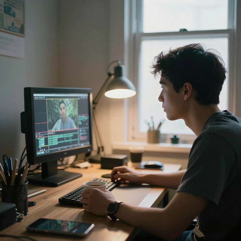 A young creator in a dim home studio reviewing footage on a small camera monitor turned away from the lens, warm desk la