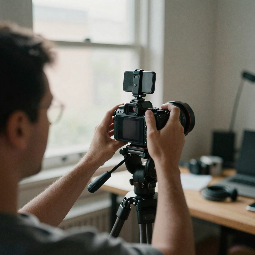 Over-the-shoulder view of a videographer's hands adjusting a mirrorless camera on a tripod in a loft, soft window light,