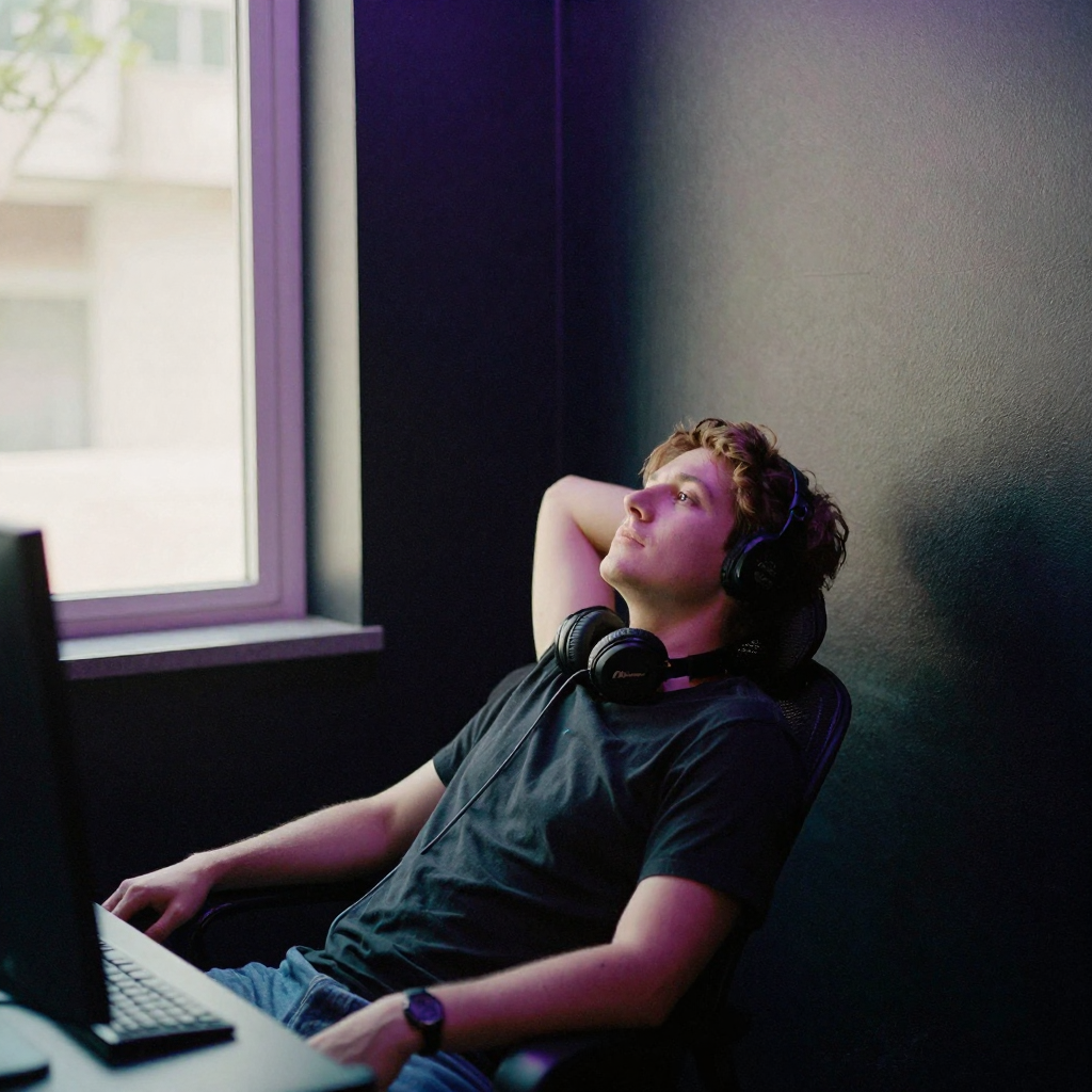 A person in a color-graded editing corner at night, purple and teal LED strips reflecting off matte black walls, leaning