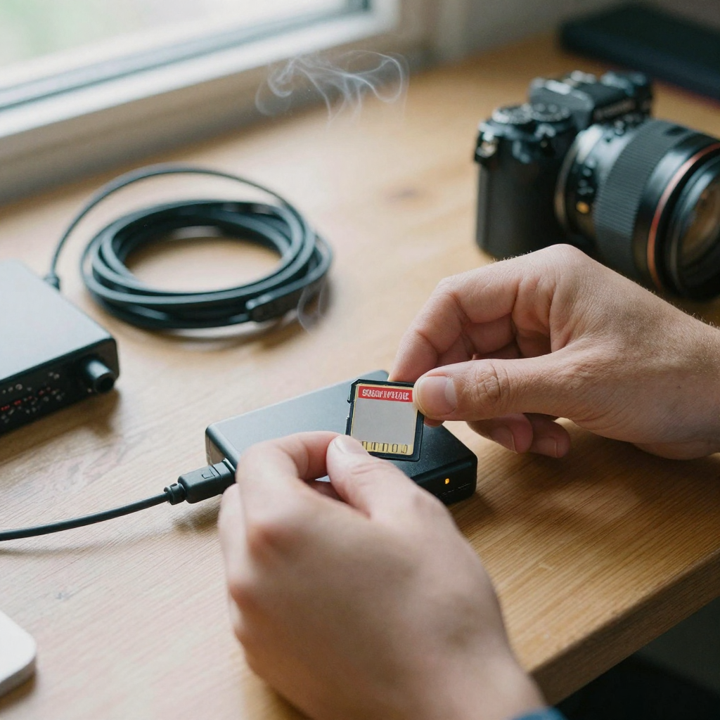 Close-up of hands swapping a memory card into a card reader on a wooden desk, coffee steam rising, a stack of clean coil