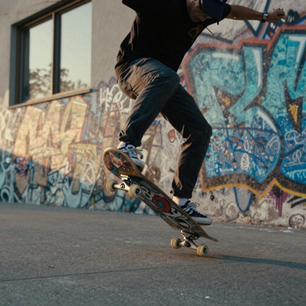 A street-scene B-roll shot of a skateboarder mid-kickflip against a graffiti wall at golden hour, motion blur on the whe