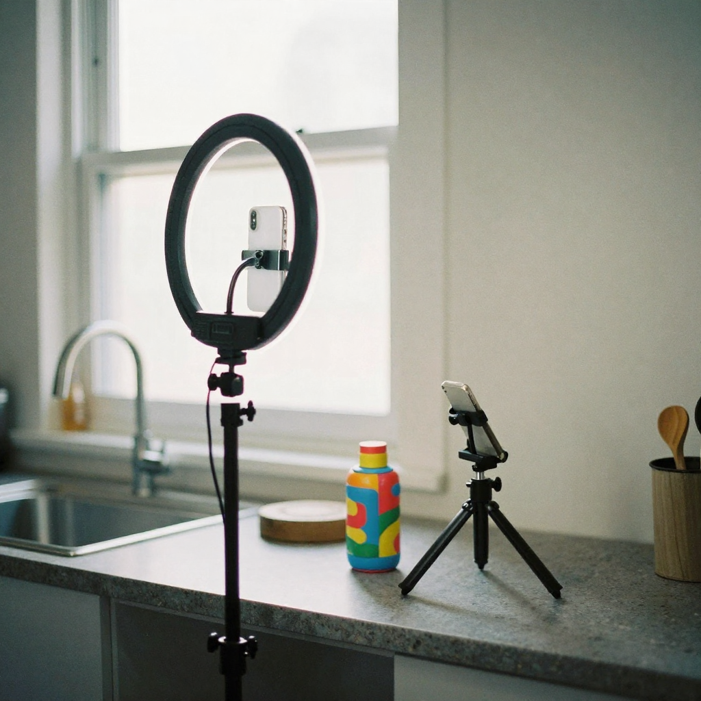 A UGC-style setup of a ring light, phone mount and small tripod arranged on a kitchen counter with a colorful product pr