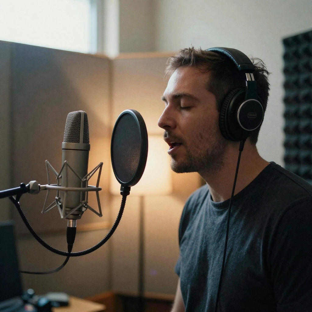 A voice actor in a padded home booth leaning into a large foam-shielded condenser microphone, headphones on, eyes closed