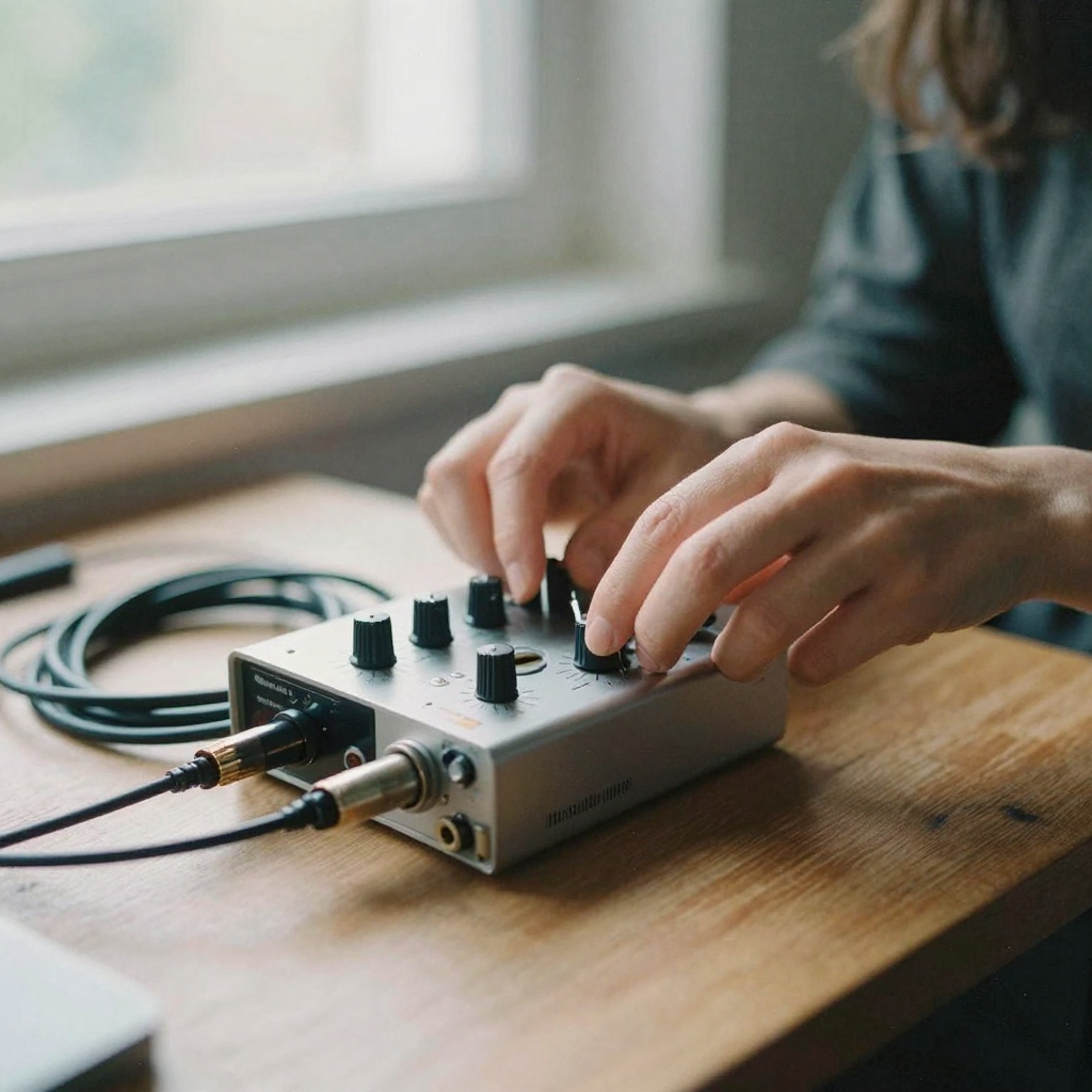 Close-up of a woman's hands adjusting the gain knob on a small silver audio interface on a wooden desk, coiled XLR cable