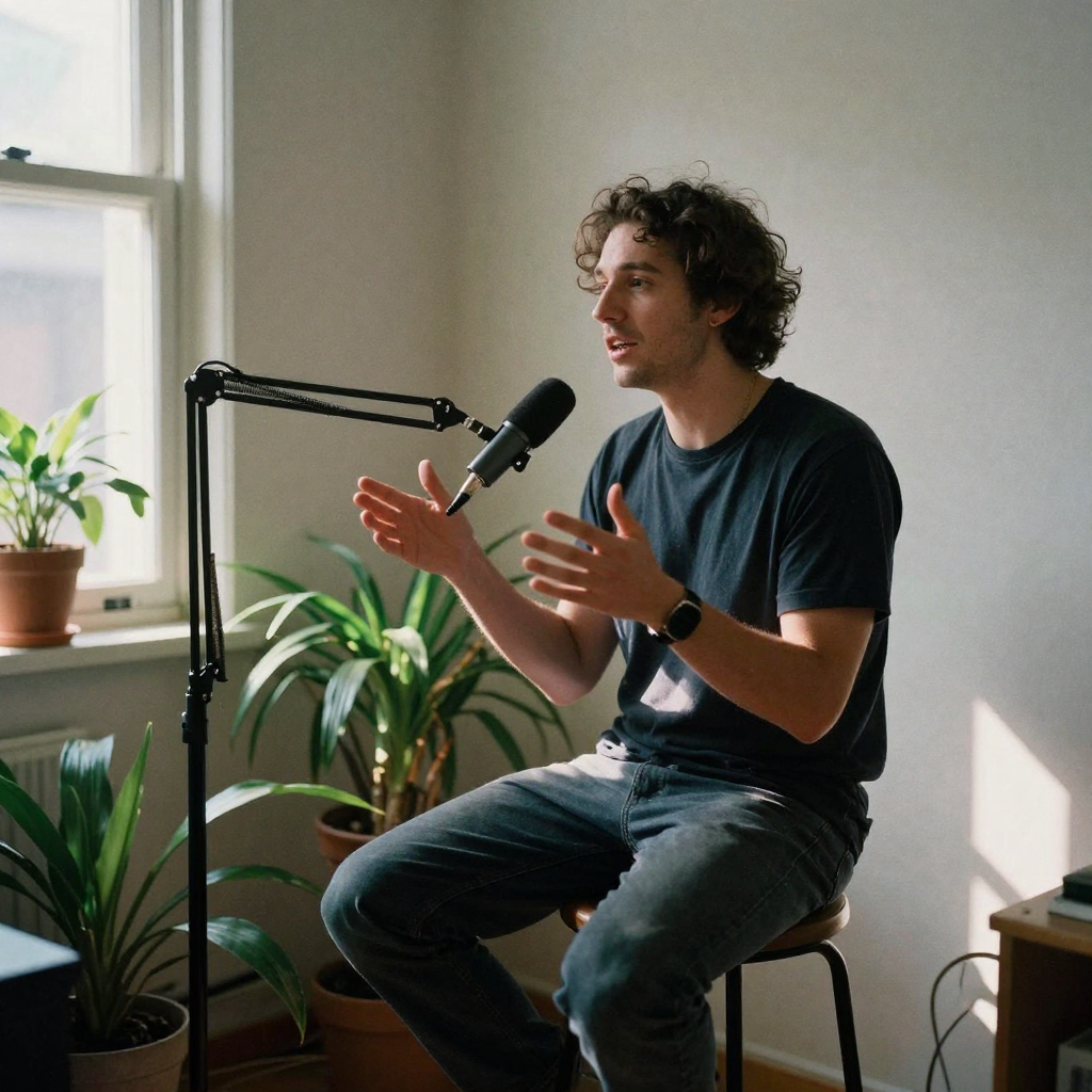 A multilingual creator seated on a stool in a plant-filled apartment corner, gesturing expressively while speaking into