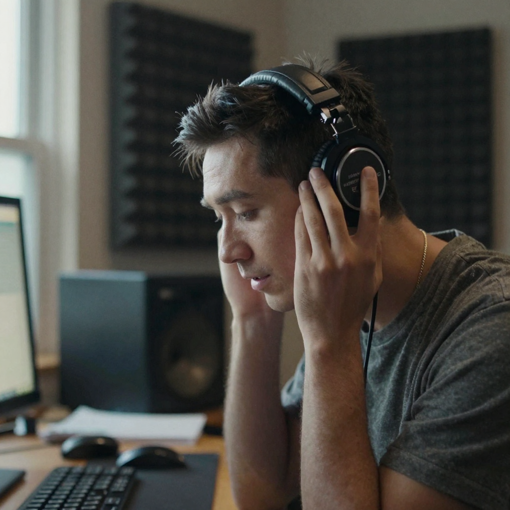 An audio engineer wearing over-ear headphones tilting their head to listen critically, one hand cupped near the earcup,