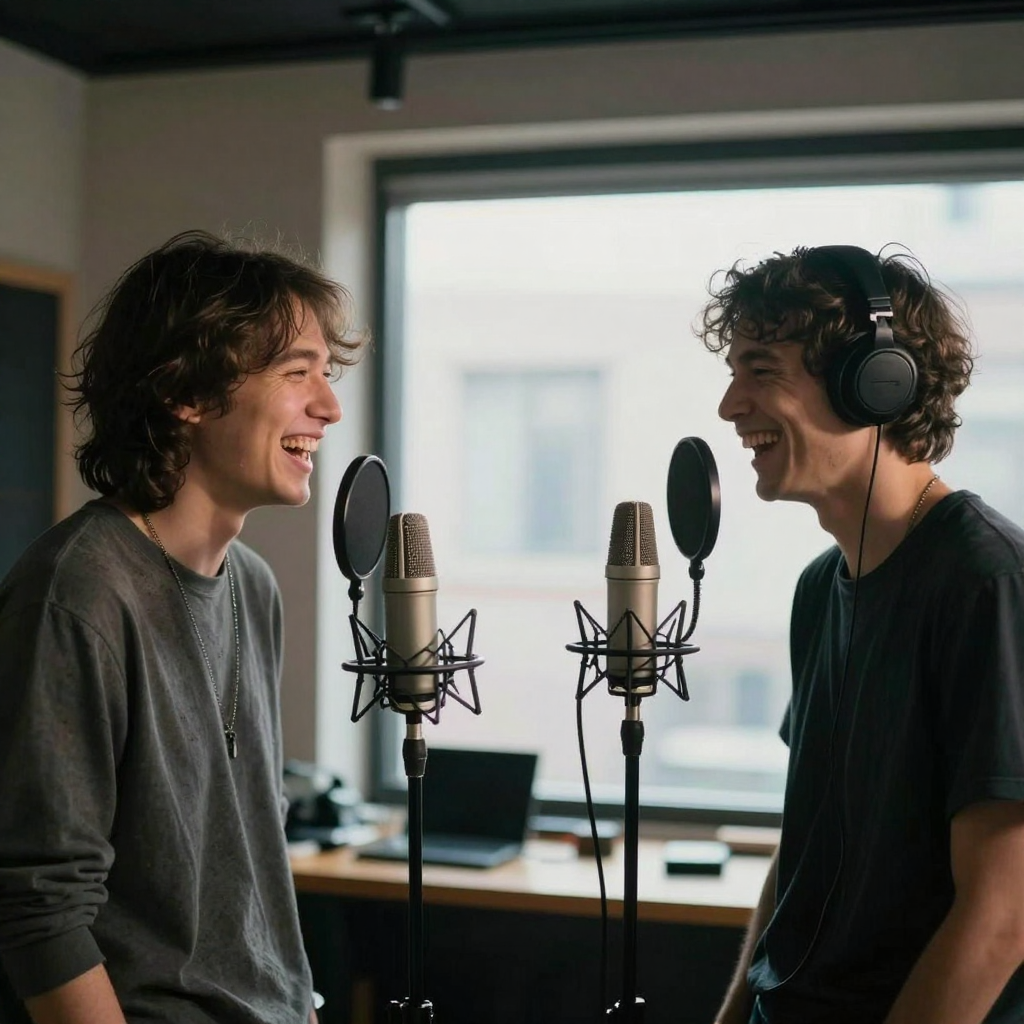 Two performers standing on opposite sides of a shared studio microphone, laughing between takes, pop filters and a tangl