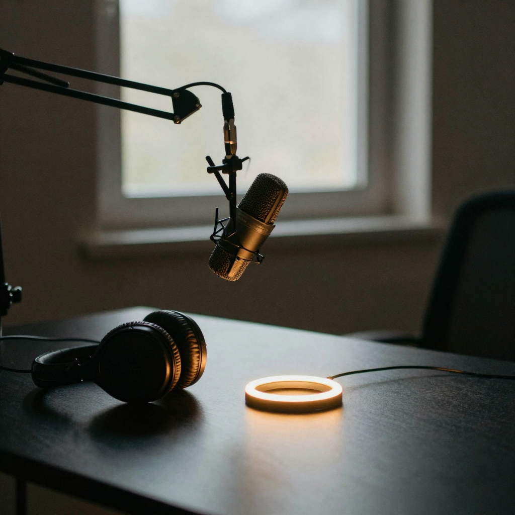 A podcaster's setup on a dark desk at night — a suspended microphone, closed headphones resting beside it, a small ring
