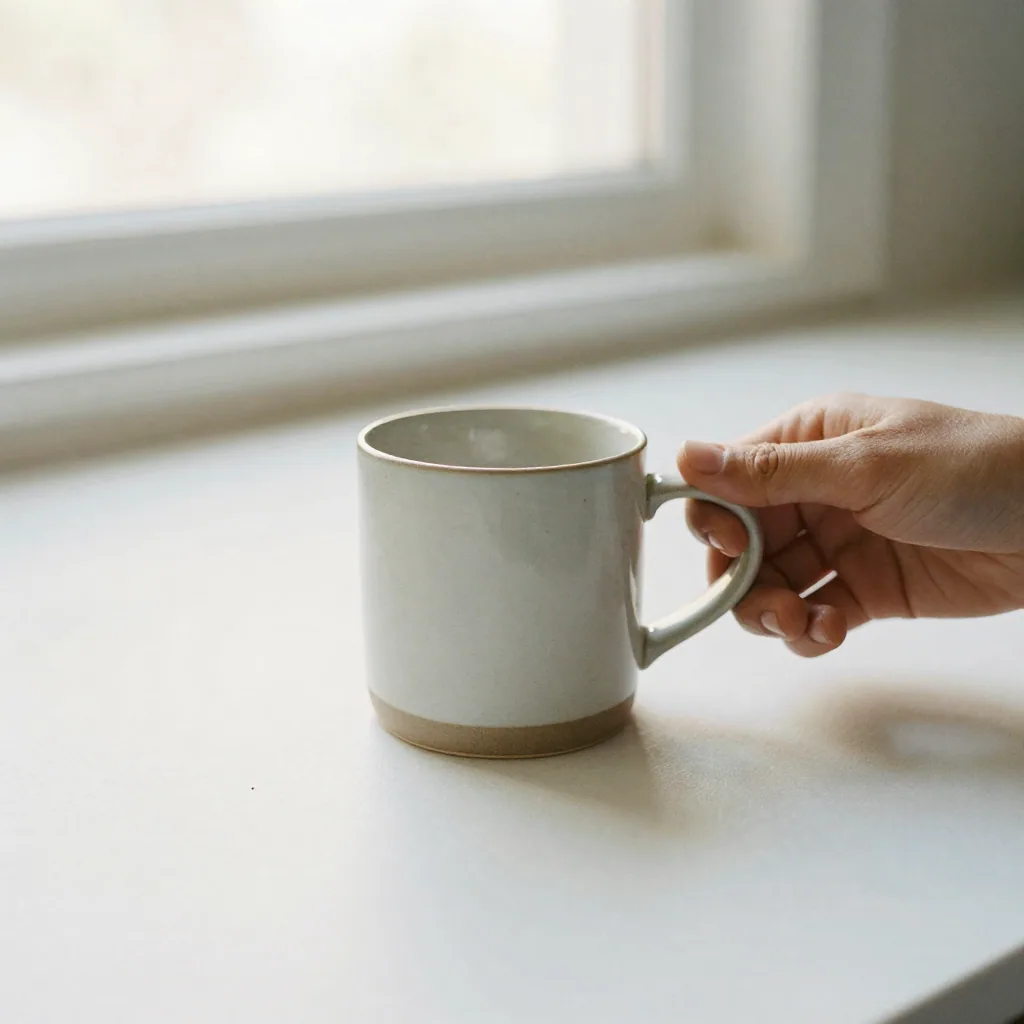 A pair of hands rotating a matte ceramic coffee mug slowly on a white seamless studio sweep under crisp softbox light, s