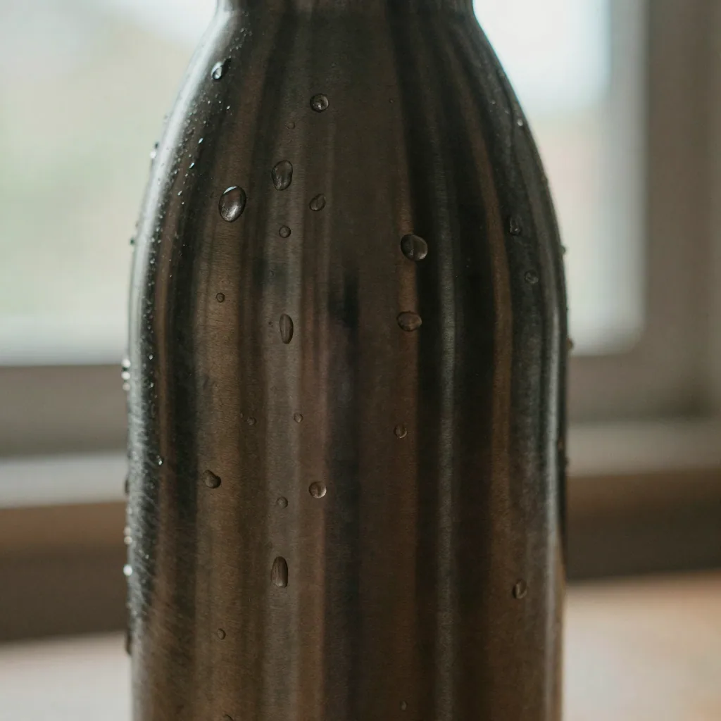 Macro close-up of a stainless steel water bottle surface, water beads sliding down the brushed metal, dramatic side ligh