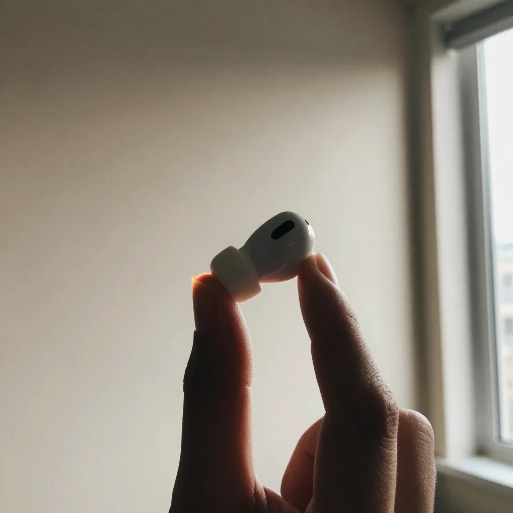 A single wireless earbud held between two fingers against a clean gradient backdrop, warm rim light tracing its silhouet