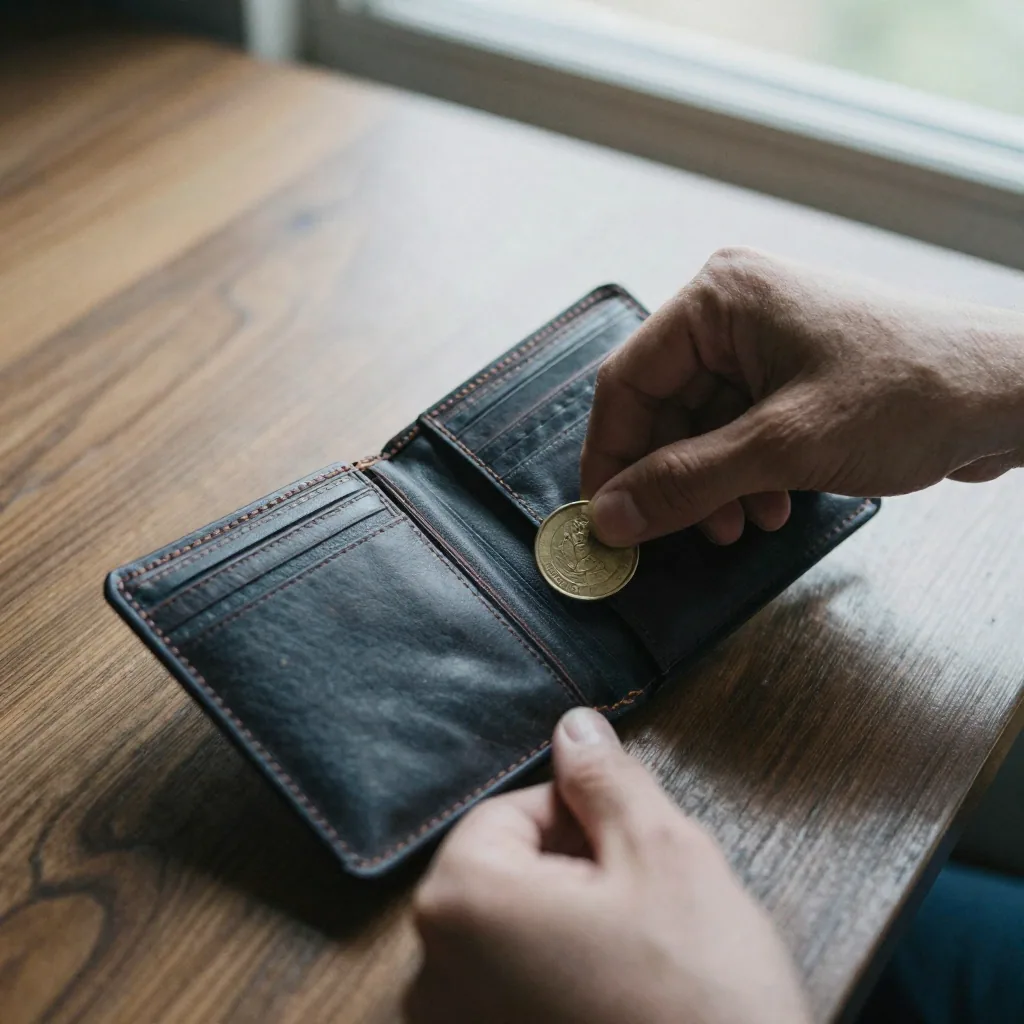 Overhead shot of a leather wallet opening on a walnut tabletop, a hand tucking a coin into the pocket to show scale, sof