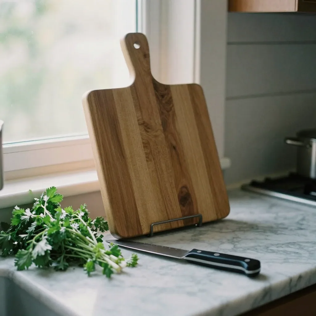 A wooden kitchen cutting board propped upright on a marble counter beside fresh herbs and a chef's knife, bright airy mo