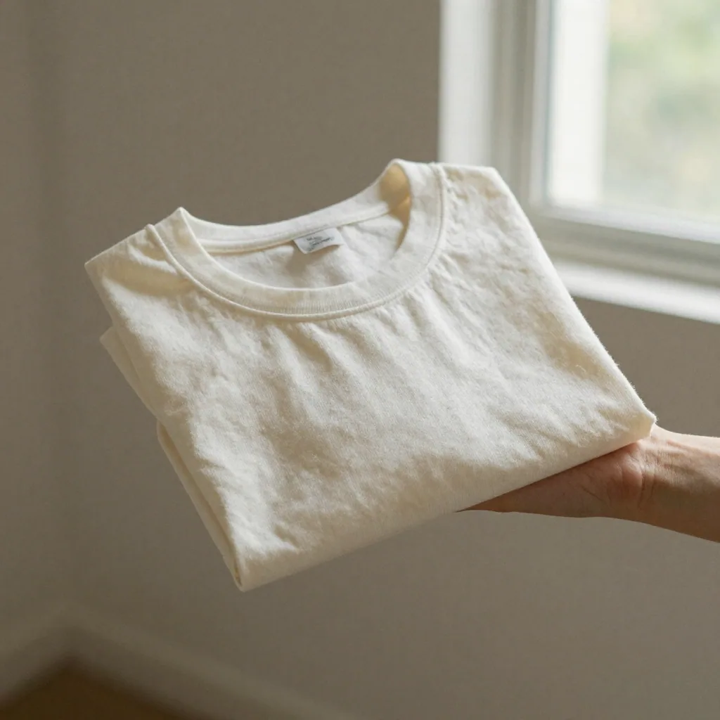A folded cotton t-shirt resting in an open hand to demonstrate fabric weight, neutral studio background, gentle window l
