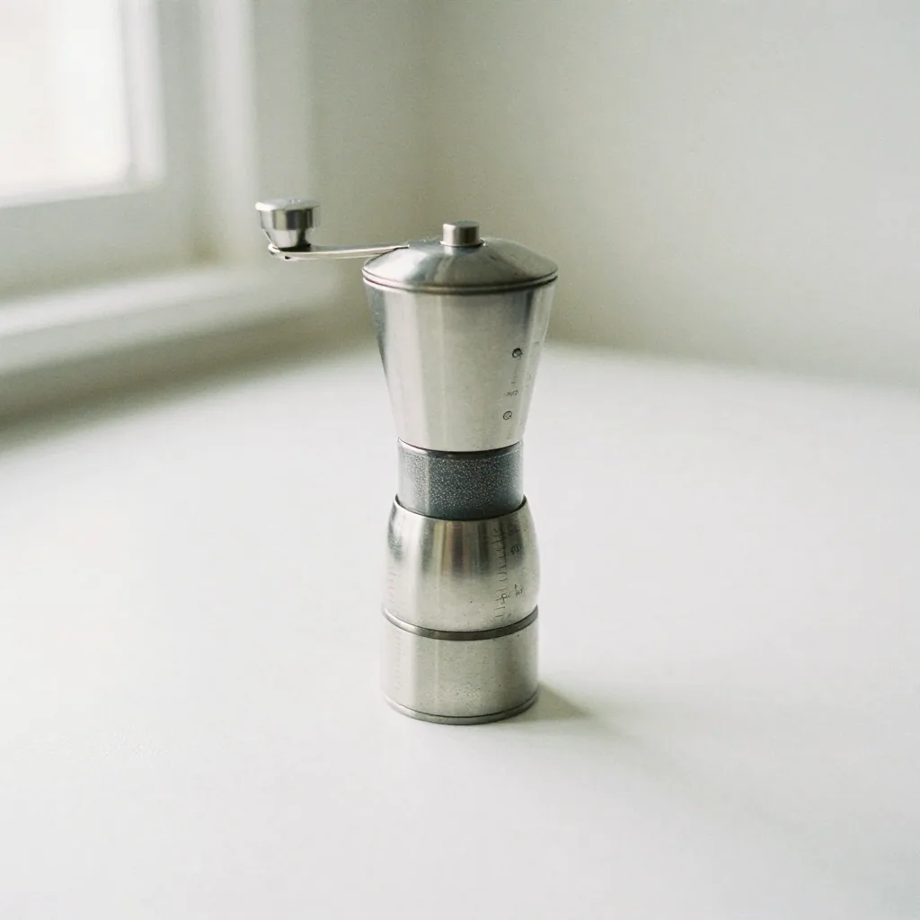A single stainless steel coffee grinder centered on a seamless pure-white sweep, filling most of the frame under clean e