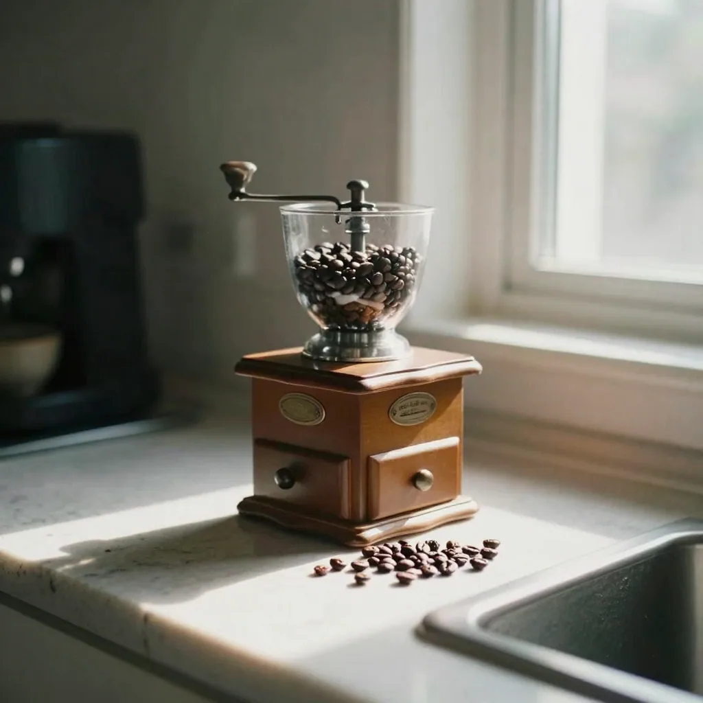 The same coffee grinder staged on a sunlit kitchen counter beside a scattering of coffee beans, a lifestyle scene with w