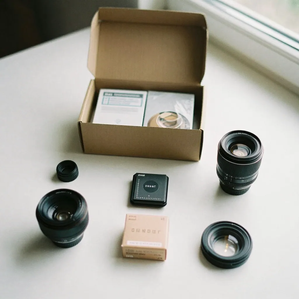 Overhead flat lay of a product and its included accessories neatly arranged on white, evenly lit, showing what comes in 