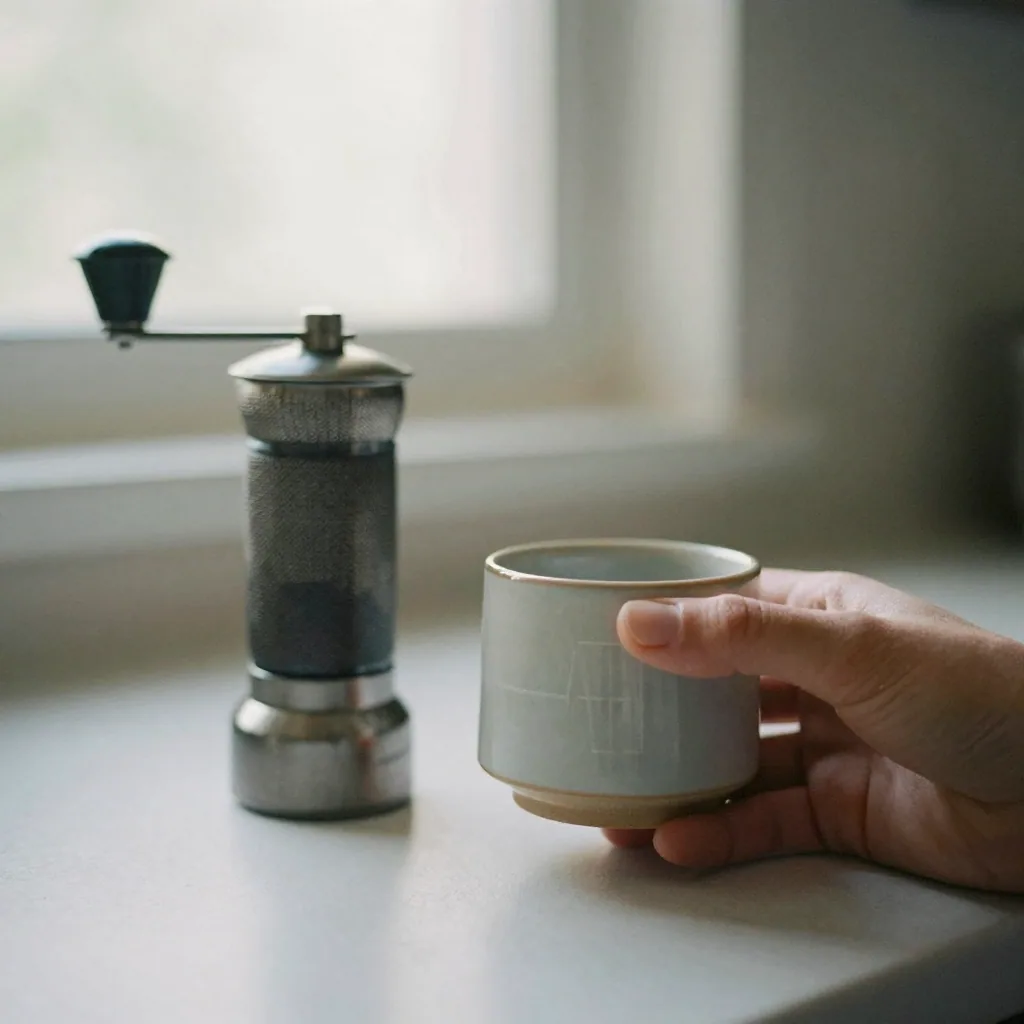 A hand holding a compact ceramic mug up beside the grinder to show scale, plain kitchen background softly blurred, natur