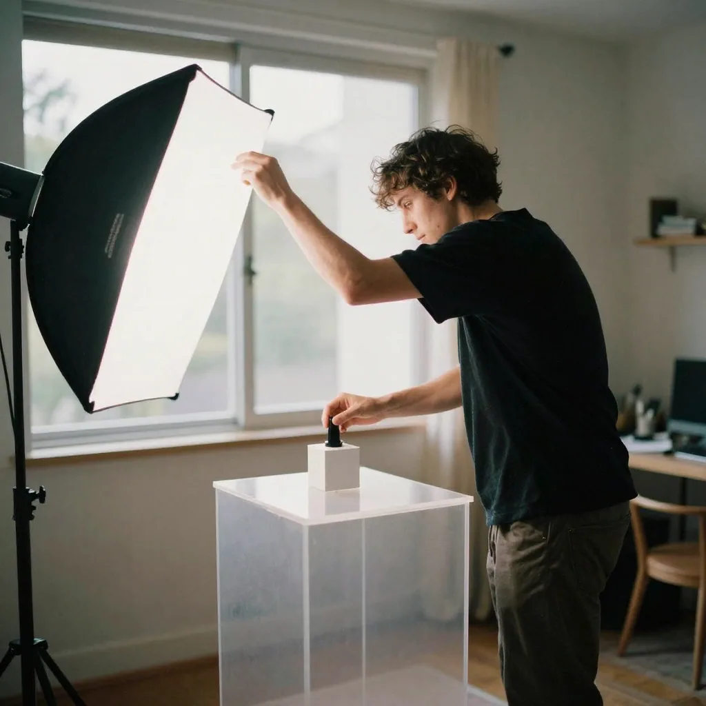 A product photographer positioning a small item on a white acrylic riser inside a lightbox tent, adjusting a soft-box of