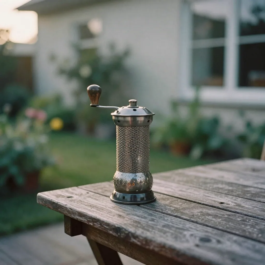 The grinder placed on an outdoor wooden patio table at golden hour with a defocused garden behind, styled as a lifestyle