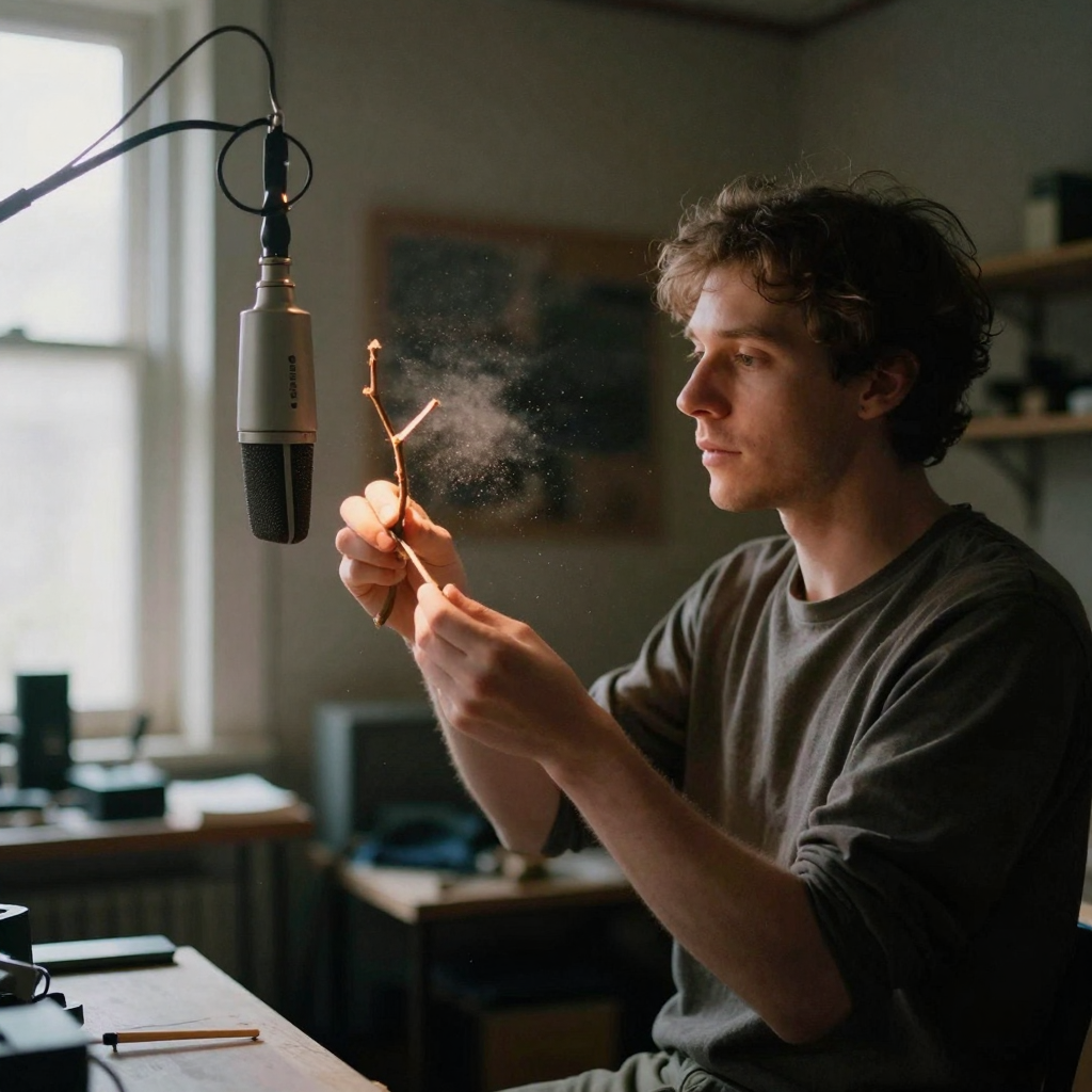 A foley artist in a dim padded studio snapping a dry twig near a suspended microphone, dust motes floating in a single warm spotlight, focus