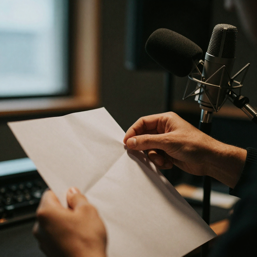 Close-up of hands crumpling a sheet of stiff paper beside a foam-covered mic in a sound booth, moody low-key lighting, shallow focus