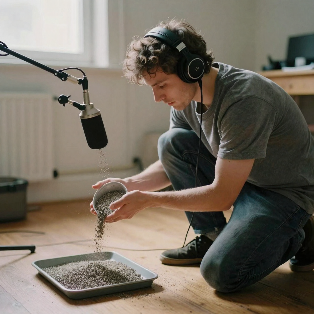 A sound designer wearing headphones crouched on a wooden floor, pouring gravel from a cupped hand into a tray under a boom microphone, warm