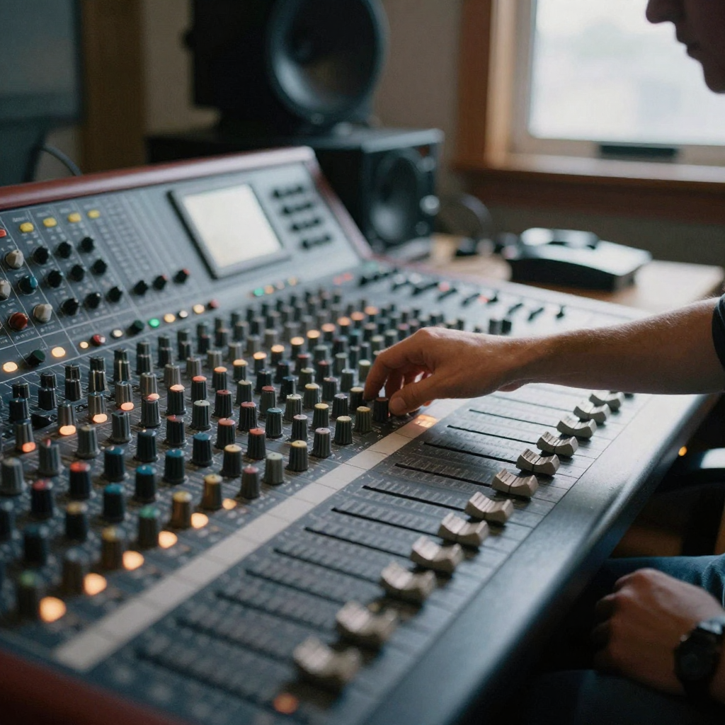 An editor in a cozy home studio adjusting a large mixing knob on an audio console, rows of physical faders glowing softly, no screens visibl