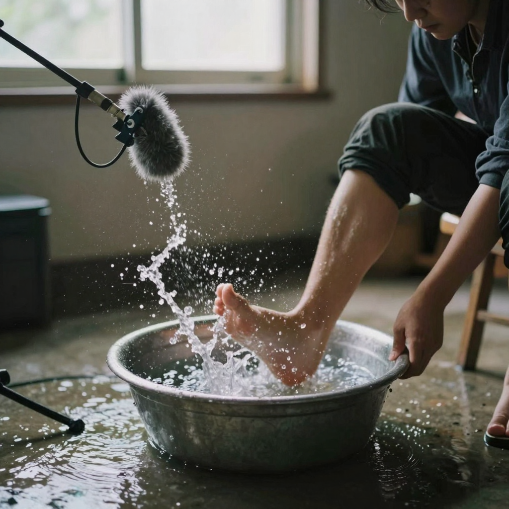 A foley recordist stomping in shallow water in a metal basin beside a shock-mounted microphone, splashes frozen mid-air, dramatic single-sou