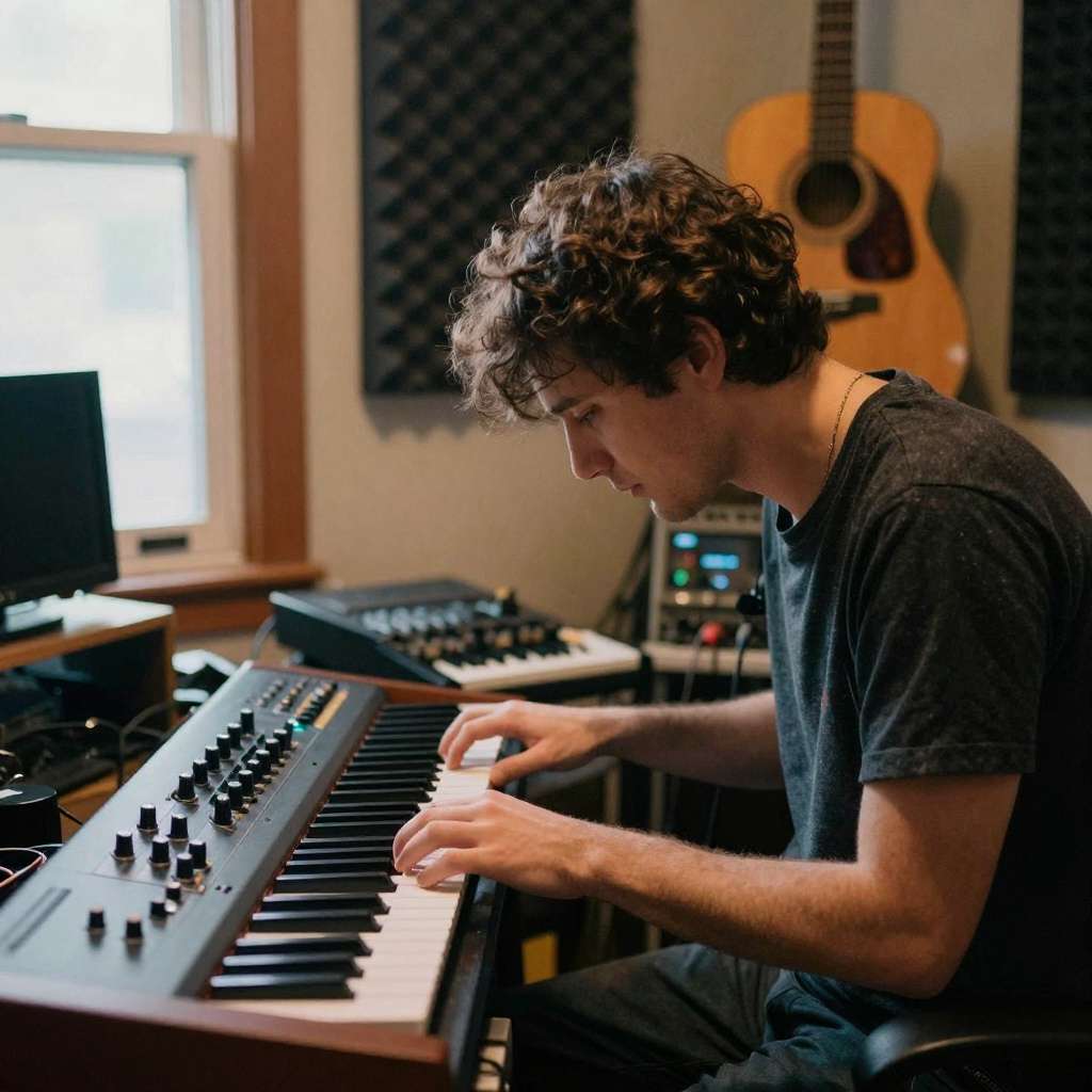 A musician in a warm home studio hunched over an analog synthesizer, fingers on the keys, foam panels and a hanging guitar behind him under warm light