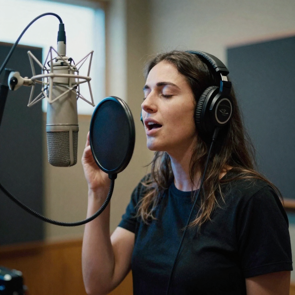 A woman singing into a large condenser microphone in a padded vocal booth, headphones on, eyes closed, soft blue key light across her face