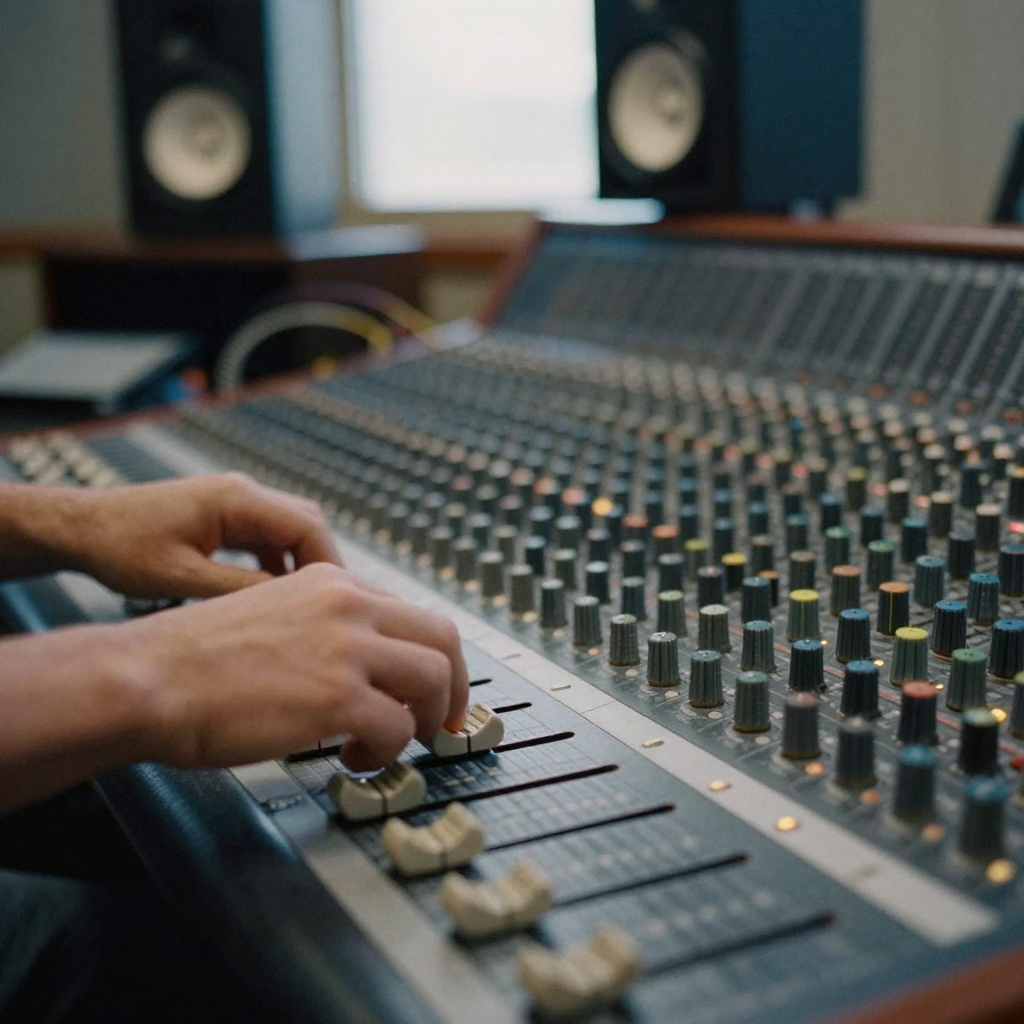Hands adjusting faders on a mixing console with rows of glowing knobs, a dim control room with studio monitors and coiled cables in soft focus