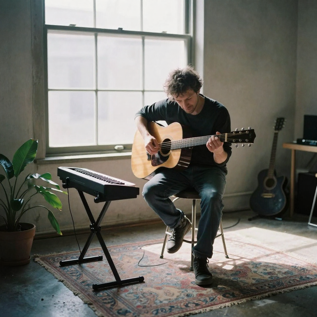 A producer strumming an acoustic guitar on a stool beside a small keyboard, morning sun through a loft window, a worn rug and a plant on the floor
