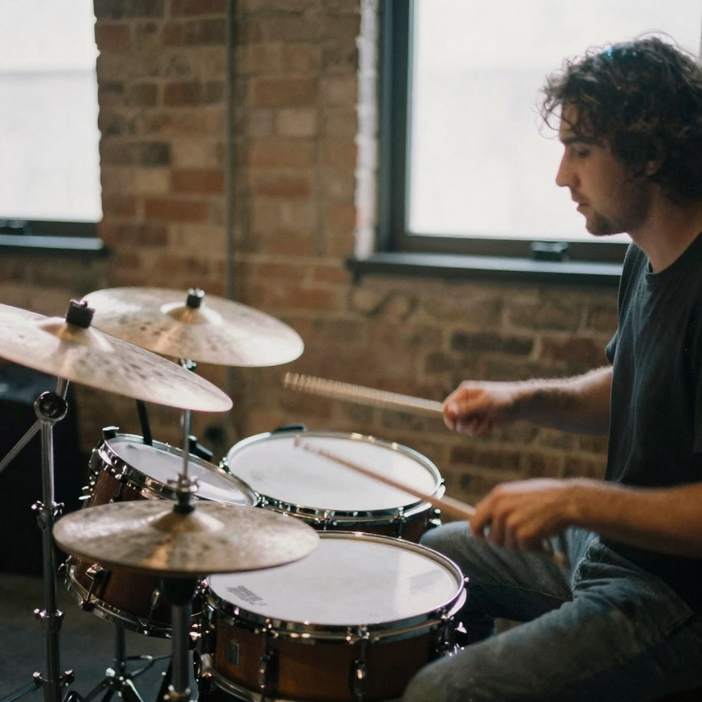 A drummer mid-strike in a rehearsal space, sticks blurred over the snare, warm tungsten light and brick walls, cymbals catching a bright highlight