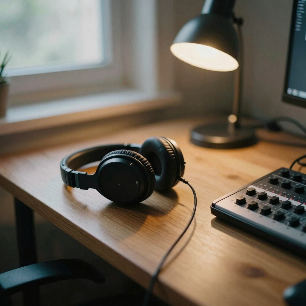 A pair of studio headphones resting on a coiled cable atop a wooden desk beside a small mixing keyboard, late-evening desk lamp glowing warm