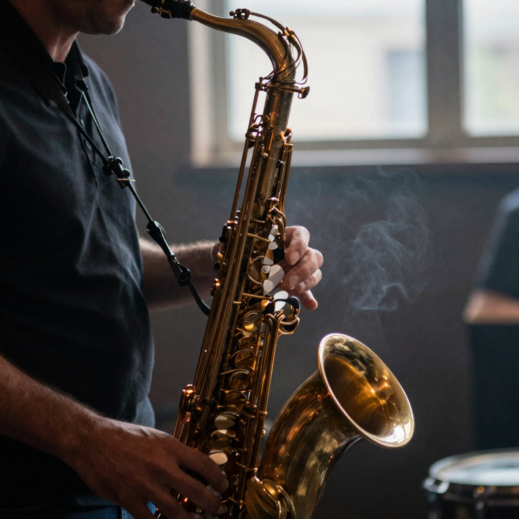 Close-up of a saxophonist's fingers on the keys, the brass instrument gleaming under a single warm spotlight in a smoky jazz-club atmosphere
