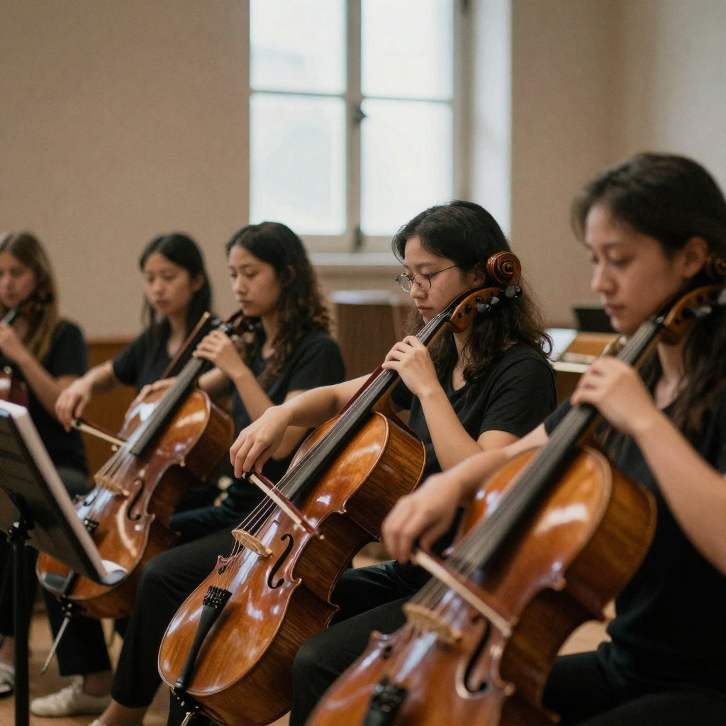 A string quartet seated in a softly lit hall, bows raised in unison mid-phrase, warm side lighting catching the wood of their instruments