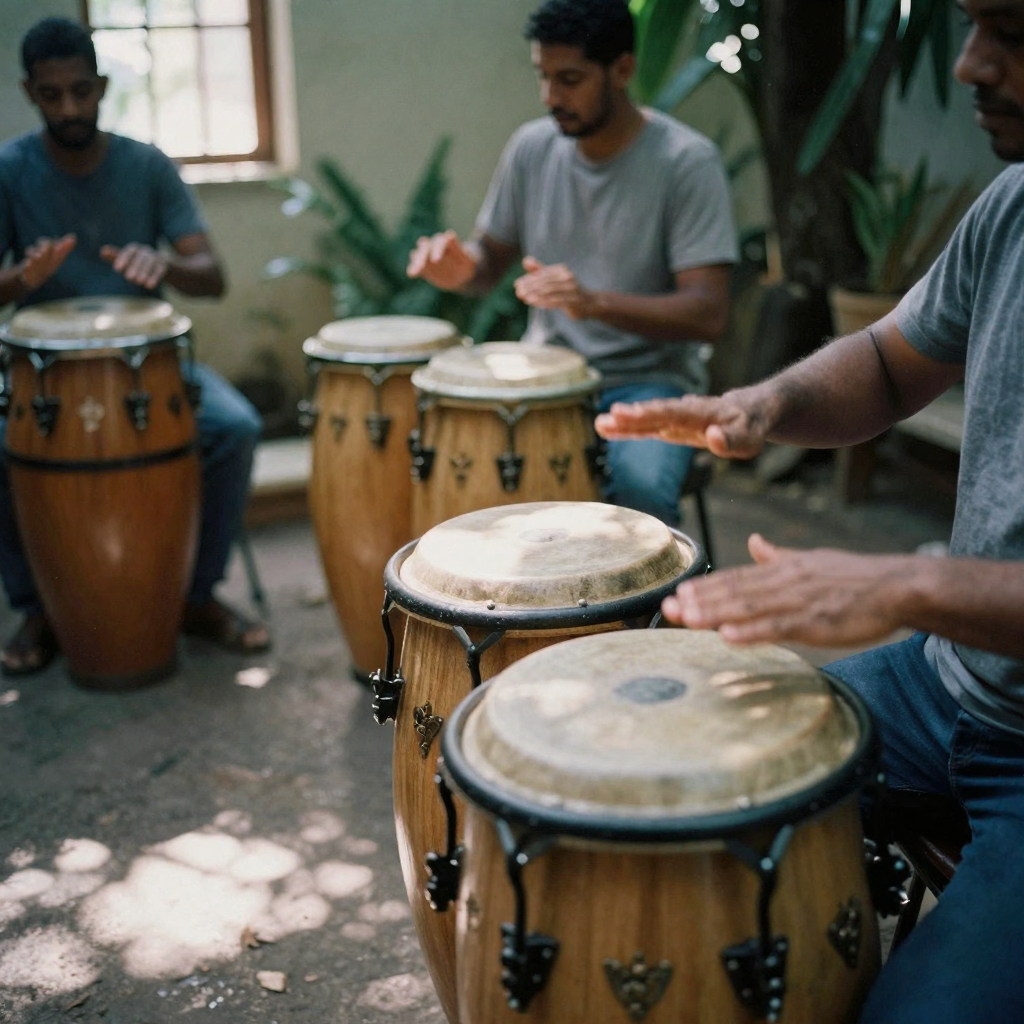 A percussionist surrounded by congas and shakers in a sun-dappled outdoor courtyard, hands mid-strike, palm shadows on the ground
