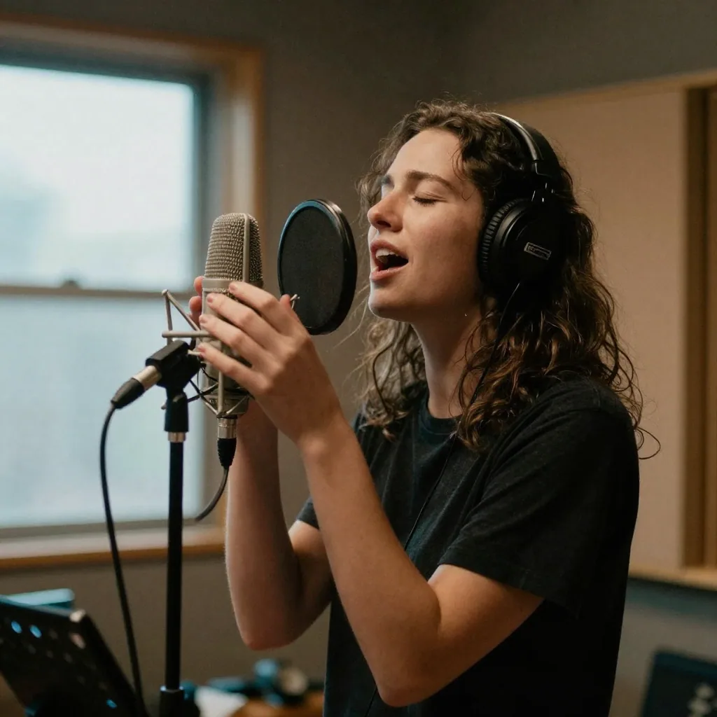 A singer in a recording booth cradling a foam-shielded microphone with both hands, eyes closed, belting a note, warm amber studio light on t