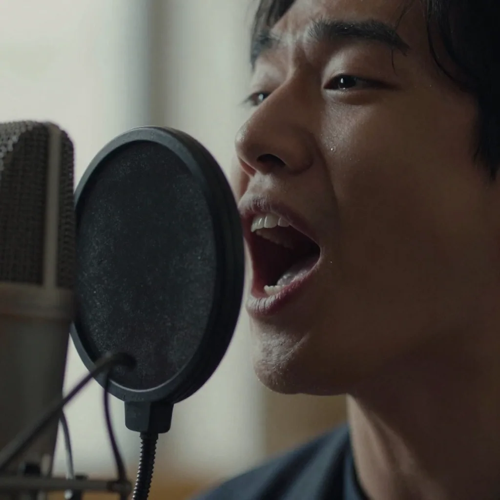 Close-up of a vocalist's throat and open mouth mid-note at a pop-filtered studio mic, catchlights in their eyes, shallow depth of field agai