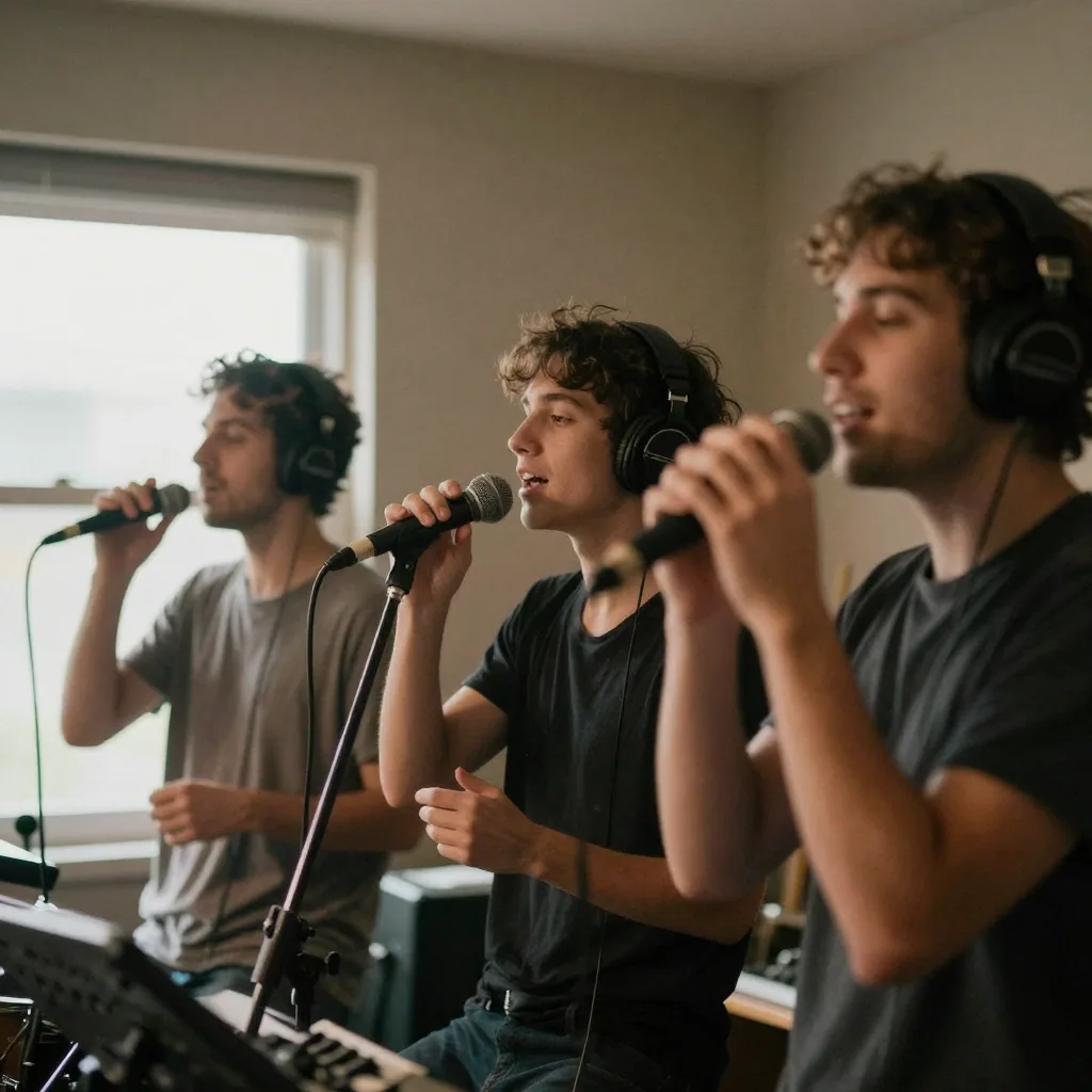 A backing group of three singers clustered around a shared microphone in a live room, harmonizing, headphones on, hands raised in expression