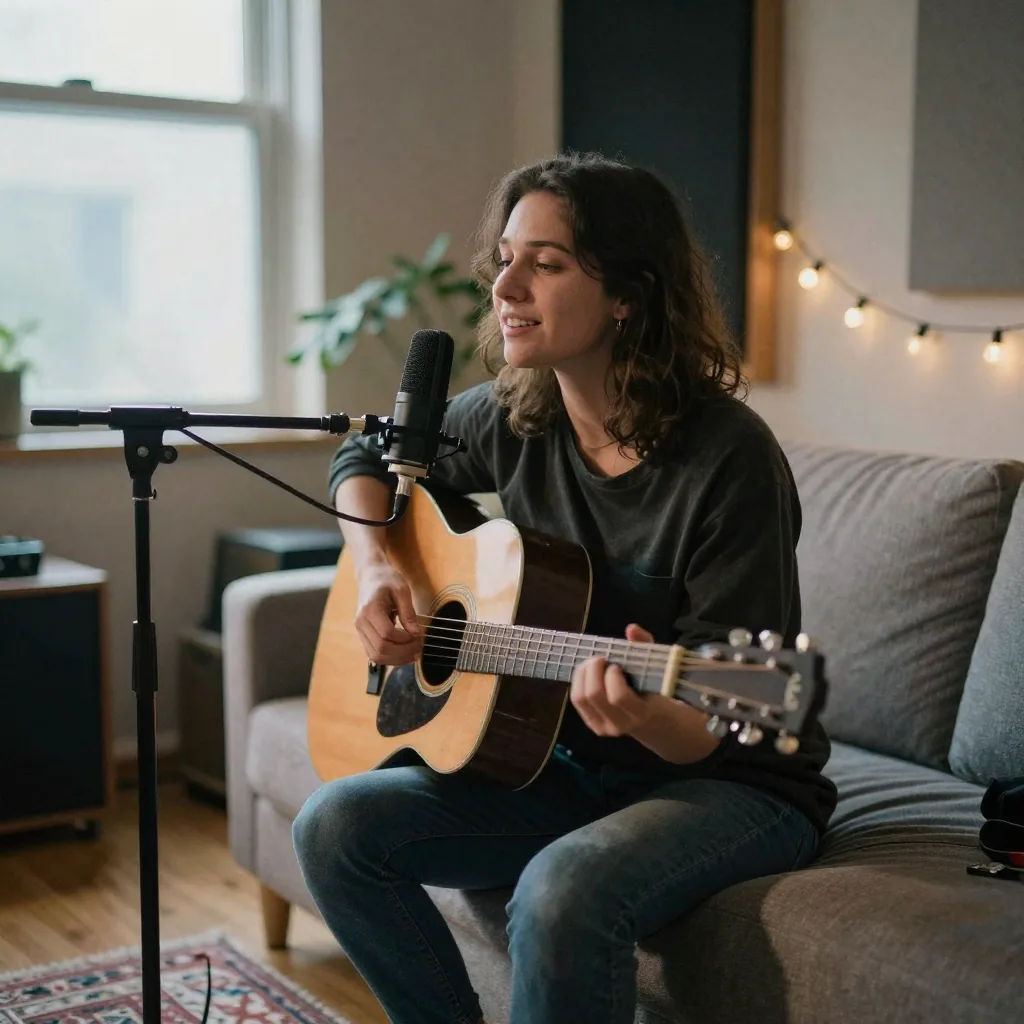 A songwriter with an acoustic guitar sitting on a studio couch, singing softly into a suspended microphone, string lights and a rug creating