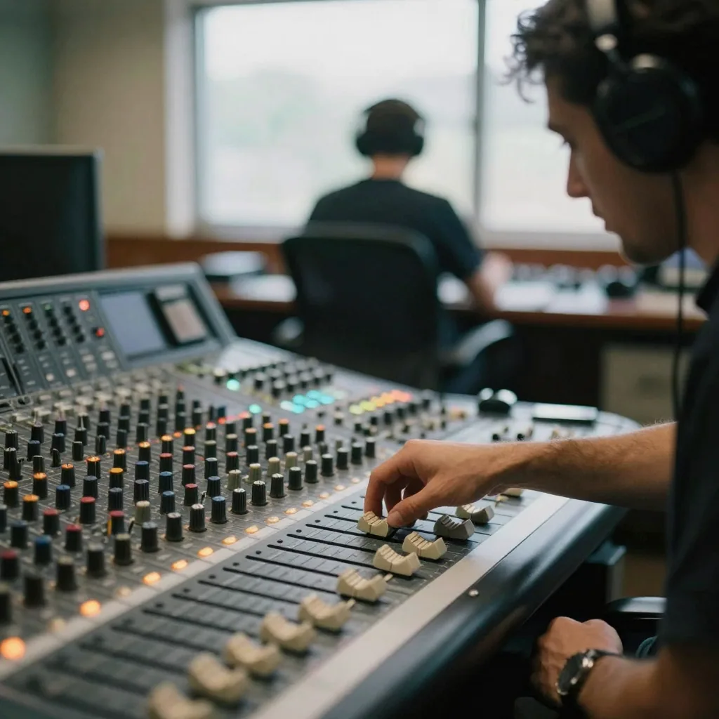 A producer at a mixing console adjusting a vocal channel fader, glowing meter lights, a lone vocalist visible through the control-room glass