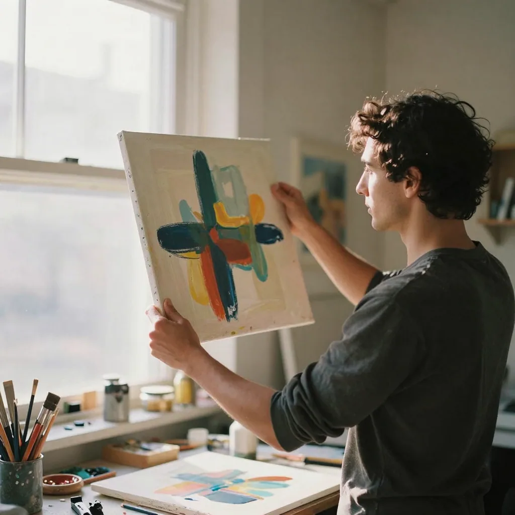 An artist in a paint-splattered studio holding up a square canvas of abstract color, examining it at arm's length in warm afternoon light