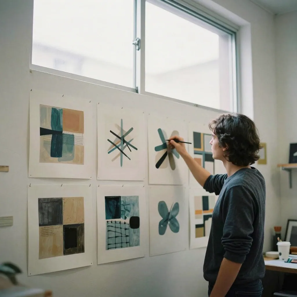 A designer pinning square abstract art prints in a row on a studio wall, stepping back to consider them, bright north-facing window light